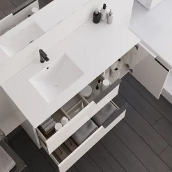 Meuble Sous Lavabo|Cosyneo Meuble sous vasque seul, 2 tiroirs et 1 porte, 100cm, vasque déportée à gauche, blanc laqué - KING