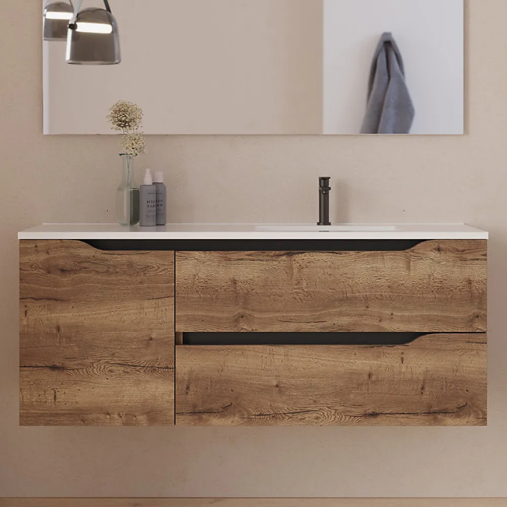 Meuble Sous Lavabo|Cosyneo Meuble sous vasque seul, 2 tiroirs et 1 porte, 120cm, vasque déportée droite - tabaco (bois foncé) - ZARZA