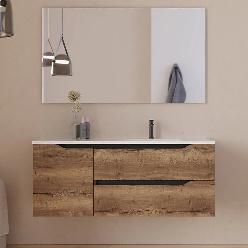 Meuble Sous Lavabo|Cosyneo Meuble sous vasque seul, 2 tiroirs et 1 porte, 120cm, vasque déportée droite - tabaco (bois foncé) - ZARZA