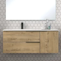Meuble Sous Lavabo|Cosyneo Meuble sous vasque seul, 2 tiroirs et 1 porte, 120cm, vasque déportée à gauche, roble (chêne clair) - KING