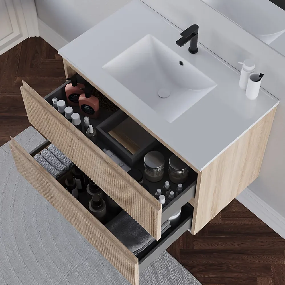 Cosyneo Meuble sous vasque seul, 2 tiroirs, 80cm, simple vasque - cambrian (chêne clair) - RIBERA