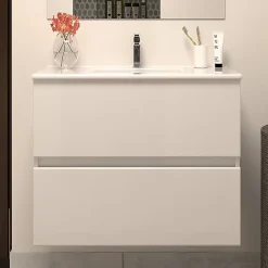Cosyneo Meuble sous vasque seul, 2 tiroirs, 60cm, simple vasque - blanc brillant - IDA