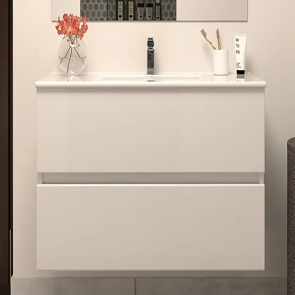 Cosyneo Meuble sous vasque seul, 2 tiroirs, 60cm, simple vasque - blanc brillant - IDA