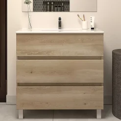 Cosyneo Meuble sous vasque seul, 3 tiroirs, 60cm, simple vasque - nebraska (chêne clair) - MAYOR
