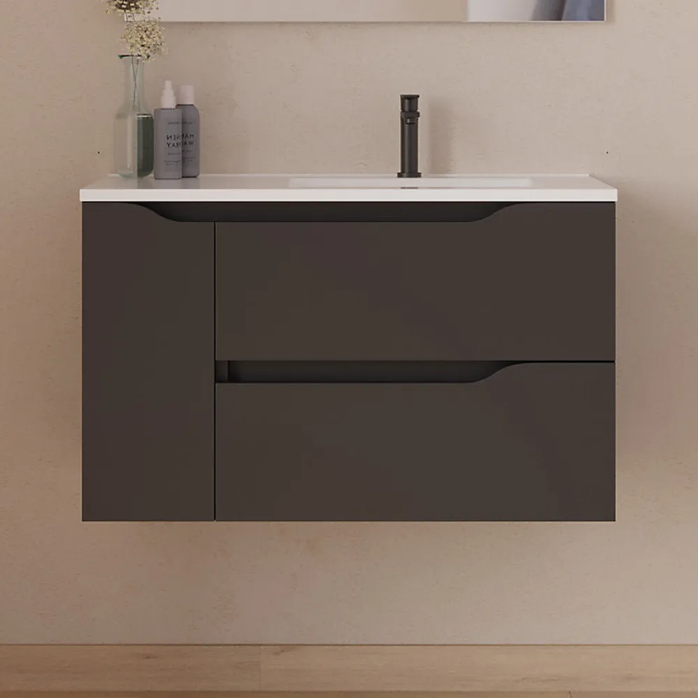Meuble Sous Lavabo|Cosyneo Meuble sous vasque seul, 2 tiroirs et 1 porte, 80cm, vasque déportée droite - noir - ZARZA