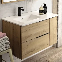 Meuble Sous Lavabo|Cosyneo Meuble sous vasque seul, 2 tiroirs et 1 porte, 80cm, vasque déportée à gauche, roble (chêne clair) - KING