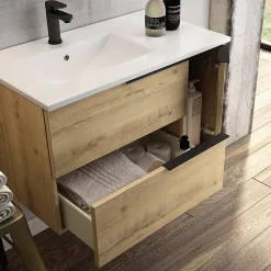 Meuble Sous Lavabo|Cosyneo Meuble sous vasque seul, 2 tiroirs et 1 porte, 80cm, vasque déportée à gauche, roble (chêne clair) - KING