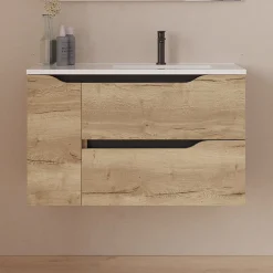Cosyneo Meuble sous vasque seul, 2 tiroirs et 1 porte, 80cm, vasque déportée droite - madera miel (bois clair) - ZARZA