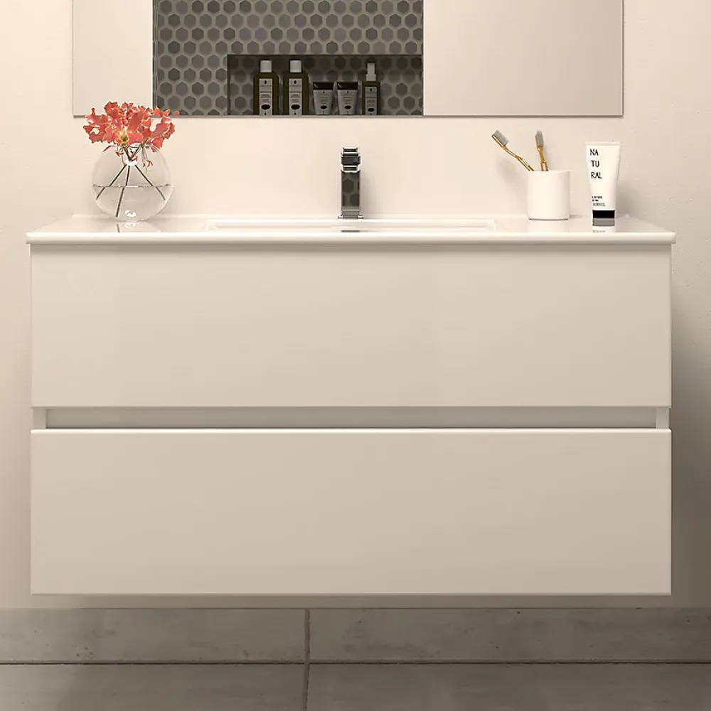 Meuble Sous Lavabo|Cosyneo Meuble sous vasque seul, 2 tiroirs, 100cm, simple vasque - blanc brillant - IDA