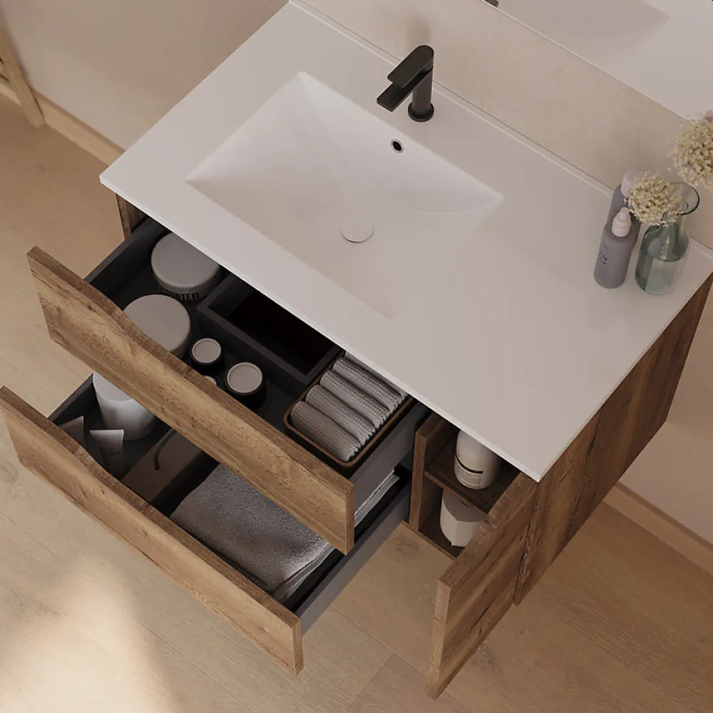 Meuble Sous Lavabo|Cosyneo Meuble sous vasque seul, 2 tiroirs et 1 porte, 80cm, vasque déportée gauche - tabaco (bois foncé) - ZARZA