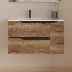 Meuble Sous Lavabo|Cosyneo Meuble sous vasque seul, 2 tiroirs et 1 porte, 80cm, vasque déportée gauche - tabaco (bois foncé) - ZARZA