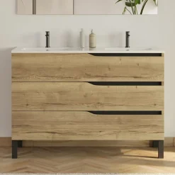 Cosyneo Meuble sous vasque seul, 3 tiroirs, 120cm, double vasque - madera miel (chêne clair) - MATA