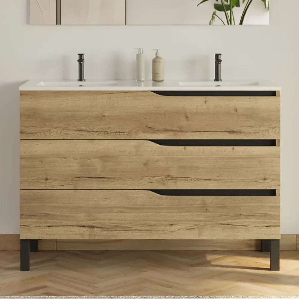 Cosyneo Meuble sous vasque seul, 3 tiroirs, 120cm, double vasque - madera miel (chêne clair) - MATA