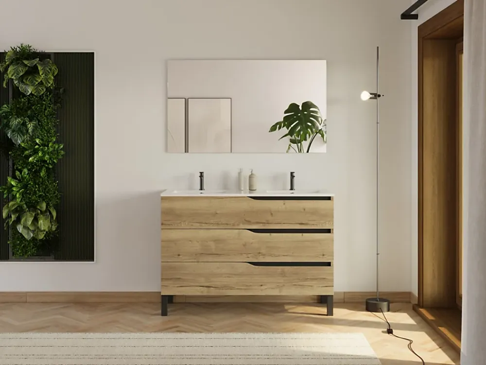Cosyneo Meuble sous vasque seul, 3 tiroirs, 120cm, double vasque - madera miel (chêne clair) - MATA