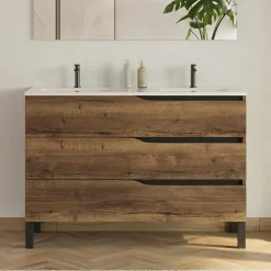 Cosyneo Meuble sous vasque seul, 3 tiroirs, 120cm, double vasque - tabaco (chêne foncé) - MATA