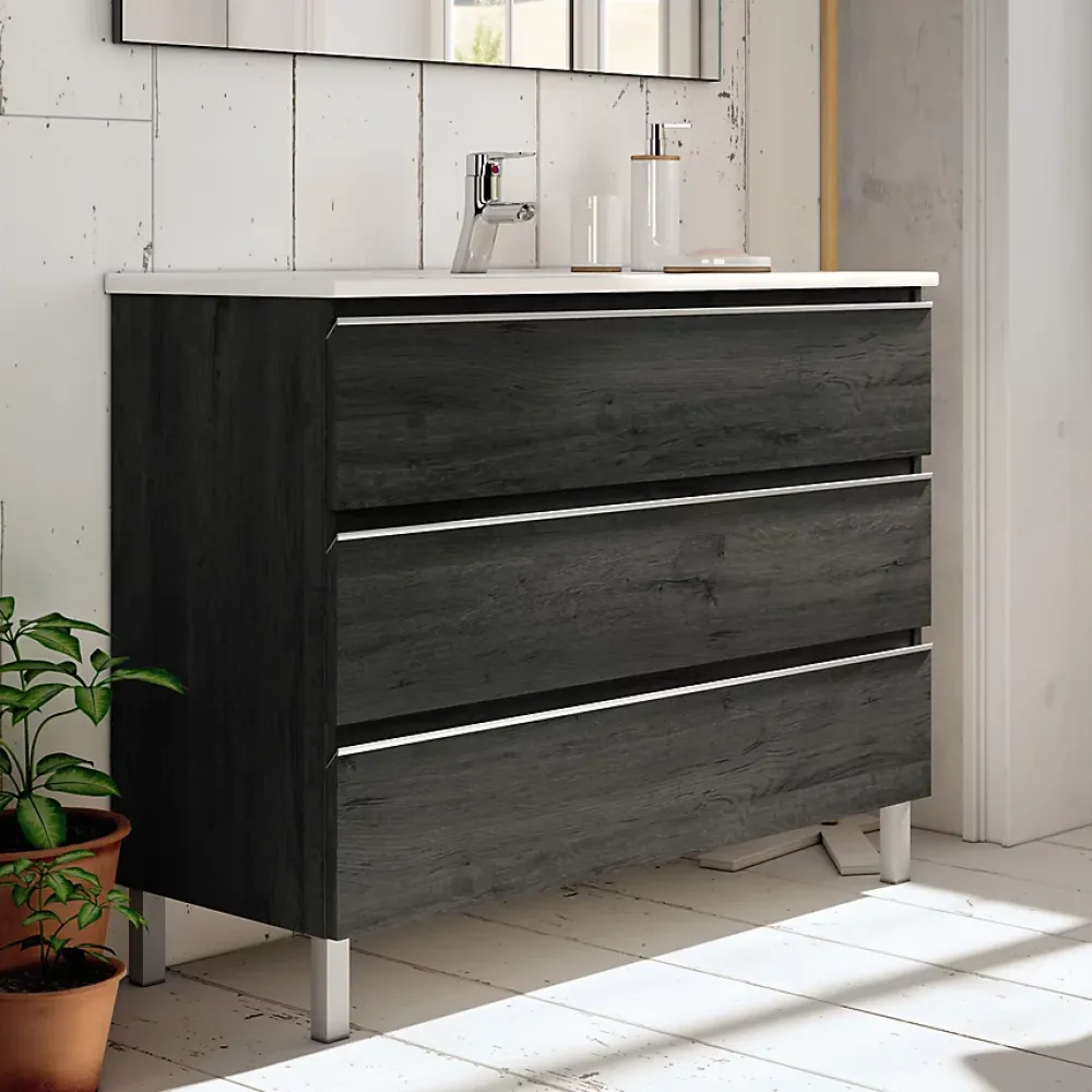 Meuble Sous Lavabo|Cosyneo Meuble sous vasque seul, 3 tiroirs, 80cm, simple vasque - ebony (bois noir) - PALMA