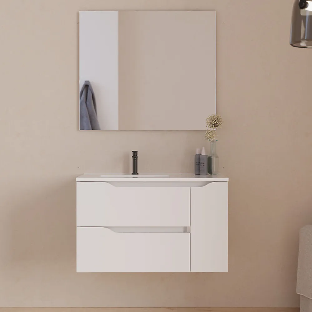 Cosyneo Meuble sous vasque seul, 2 tiroirs et 1 porte, 80cm, vasque déportée gauche - blanc mat - ZARZA
