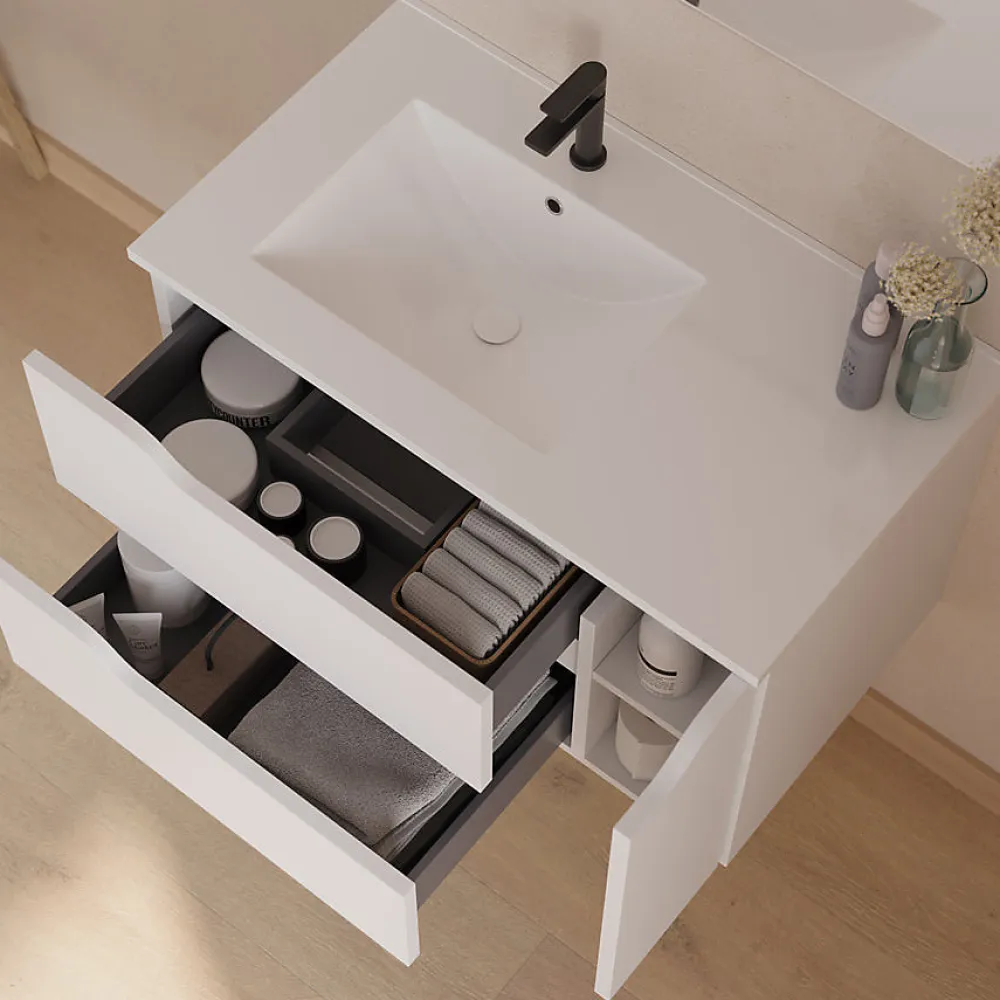 Cosyneo Meuble sous vasque seul, 2 tiroirs et 1 porte, 80cm, vasque déportée gauche - blanc mat - ZARZA