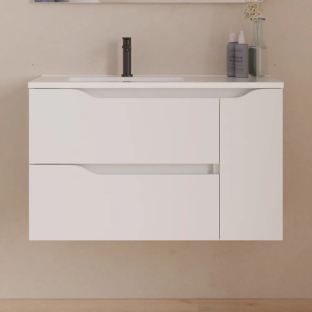 Cosyneo Meuble sous vasque seul, 2 tiroirs et 1 porte, 80cm, vasque déportée gauche - blanc mat - ZARZA