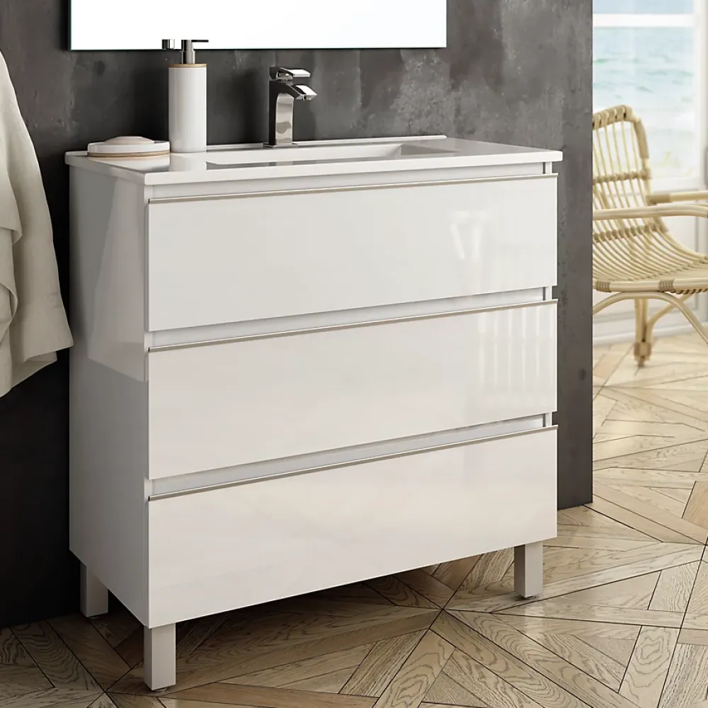 Meuble Sous Lavabo|Cosyneo Meuble sous vasque seul, 3 tiroirs, 70cm, simple vasque - blanc laqué - PALMA