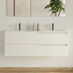 Cosyneo Meuble sous vasque seul, 2 tiroirs, 120cm, double vasque - blanc mat - LUNA
