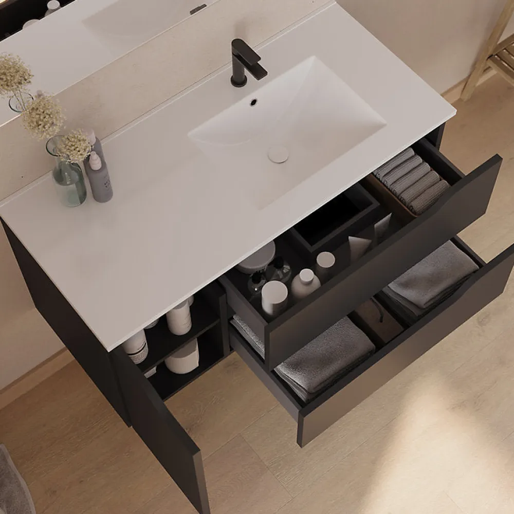 Meuble Sous Lavabo|Cosyneo Meuble sous vasque seul, 2 tiroirs et 1 porte, 120cm, vasque déportée droite - noir - ZARZA