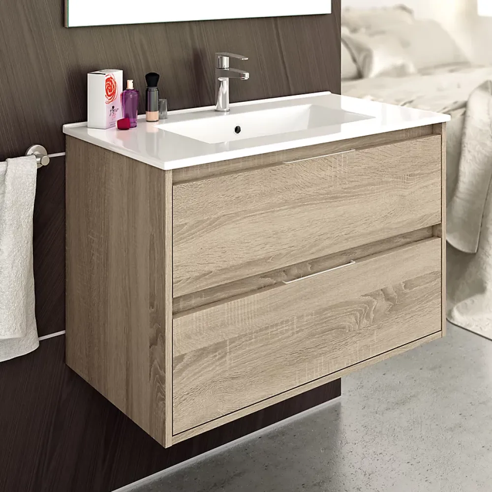 Meuble Sous Lavabo|Cosyneo Meuble sous vasque seul, 2 tiroirs, 80cm, simple vasque - cambrian (chêne clair) - IRIS