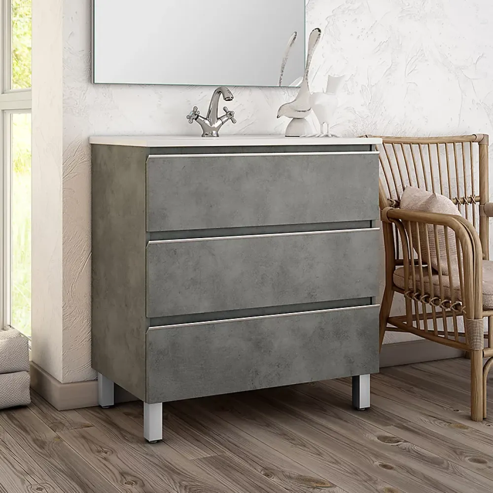 Meuble Sous Lavabo|Cosyneo Meuble sous vasque seul, 3 tiroirs, 70cm, simple vasque - ciment (gris) - PALMA