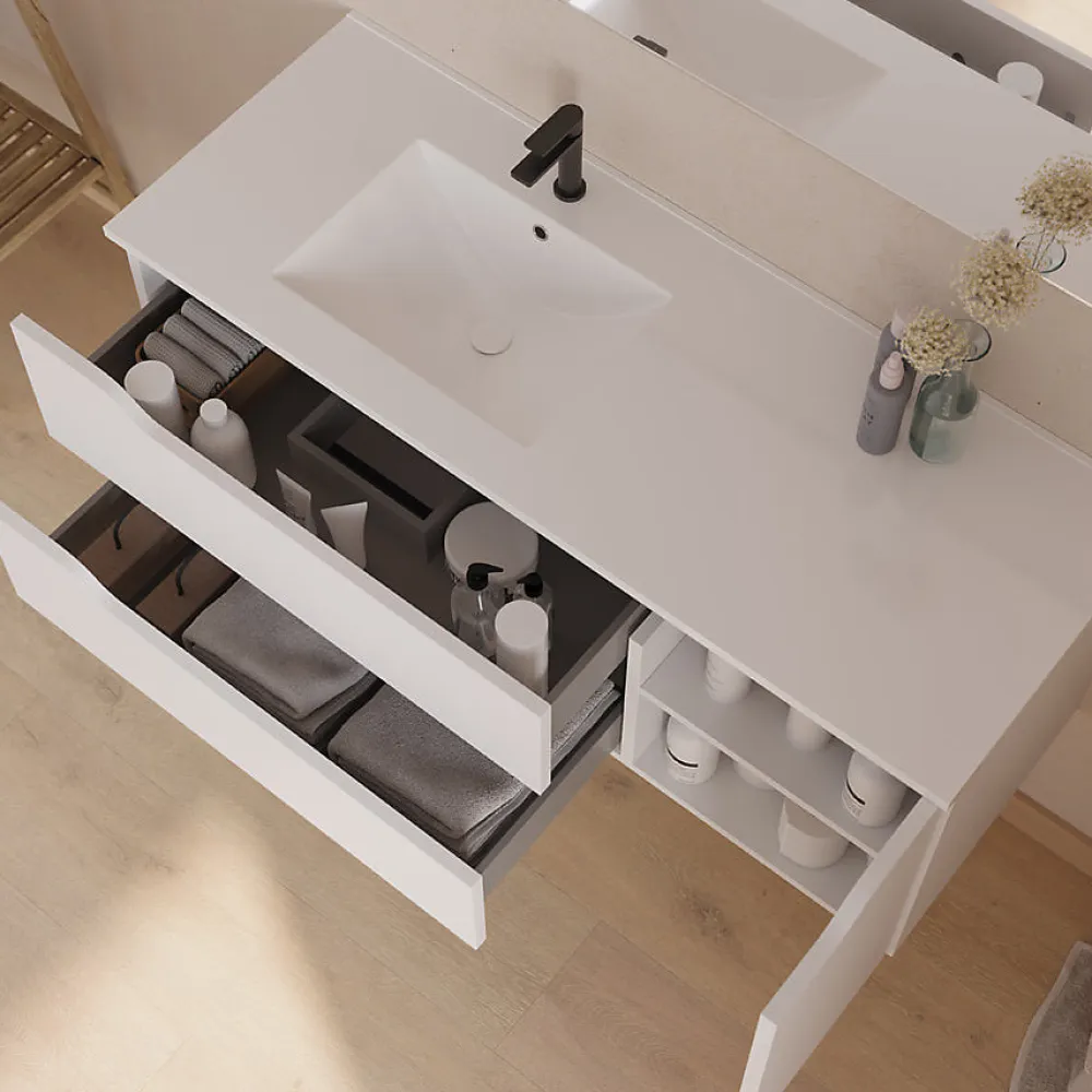 Meuble Sous Lavabo|Cosyneo Meuble sous vasque seul, 2 tiroirs et 1 porte, 120cm, vasque déportée gauche - blanc mat - ZARZA