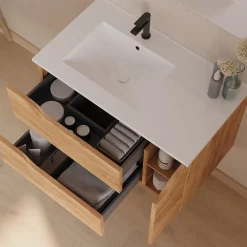 Cosyneo Meuble sous vasque seul, 2 tiroirs et 1 porte, 80cm, vasque déportée gauche - roble (bois clair) - ZARZA
