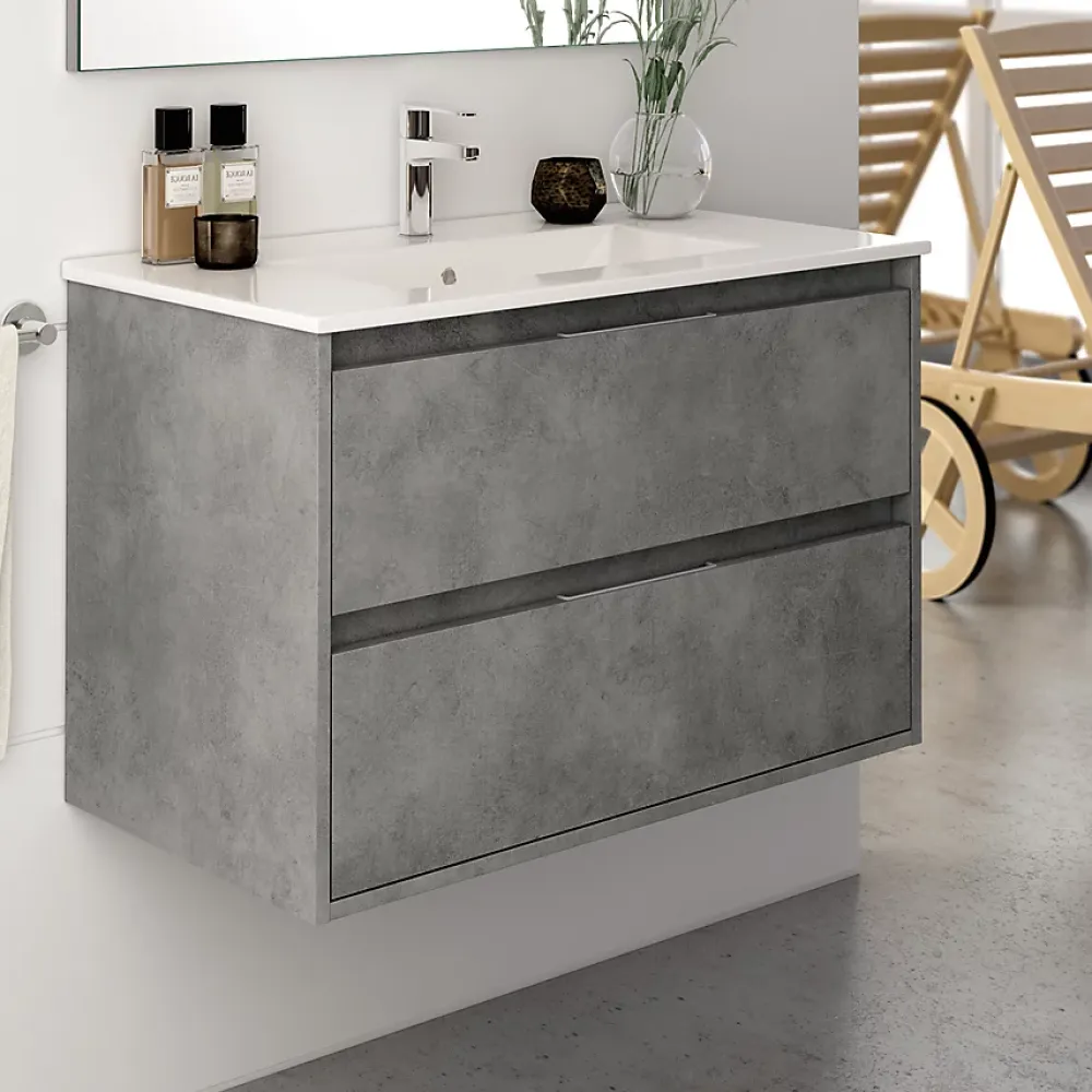 Meuble Sous Lavabo|Cosyneo Meuble sous vasque seul, 2 tiroirs, 80cm, simple vasque - ciment (gris) - IRIS