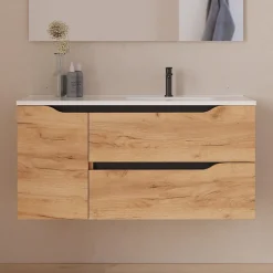 Cosyneo Meuble sous vasque seul, 2 tiroirs et 1 porte, 100cm, vasque déportée droite - roble (bois clair) - ZARZA