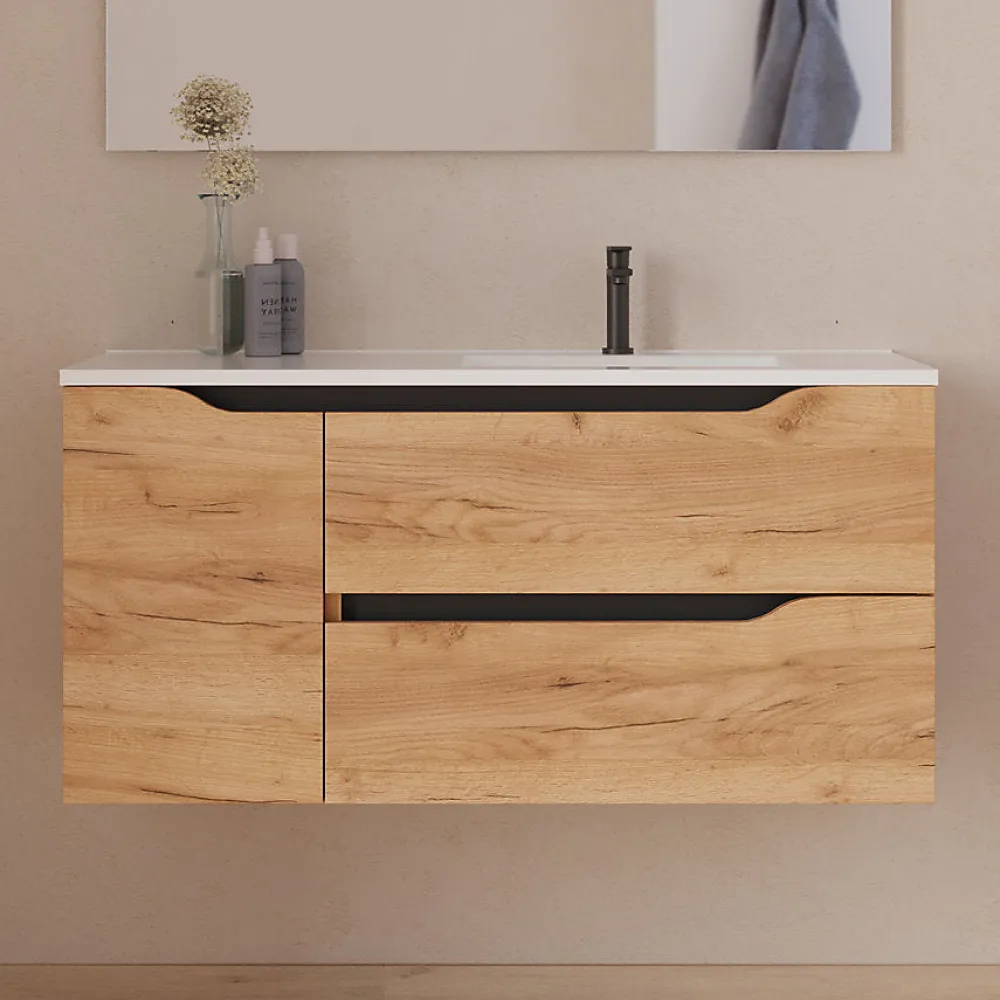 Cosyneo Meuble sous vasque seul, 2 tiroirs et 1 porte, 100cm, vasque déportée droite - roble (bois clair) - ZARZA