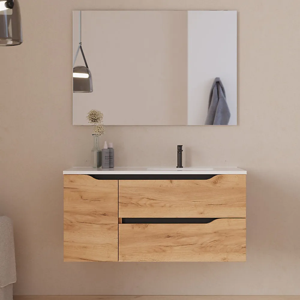 Cosyneo Meuble sous vasque seul, 2 tiroirs et 1 porte, 100cm, vasque déportée droite - roble (bois clair) - ZARZA