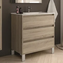 Meuble Sous Lavabo|Cosyneo Meuble sous vasque seul, 3 tiroirs, 80cm, simple vasque - cambrian (chêne clair) - TIRIS