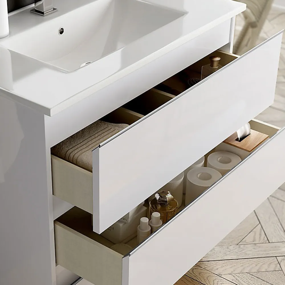 Cosyneo Meuble sous vasque seul, 2 tiroirs, 60cm, simple vasque - blanc laqué - BALEA