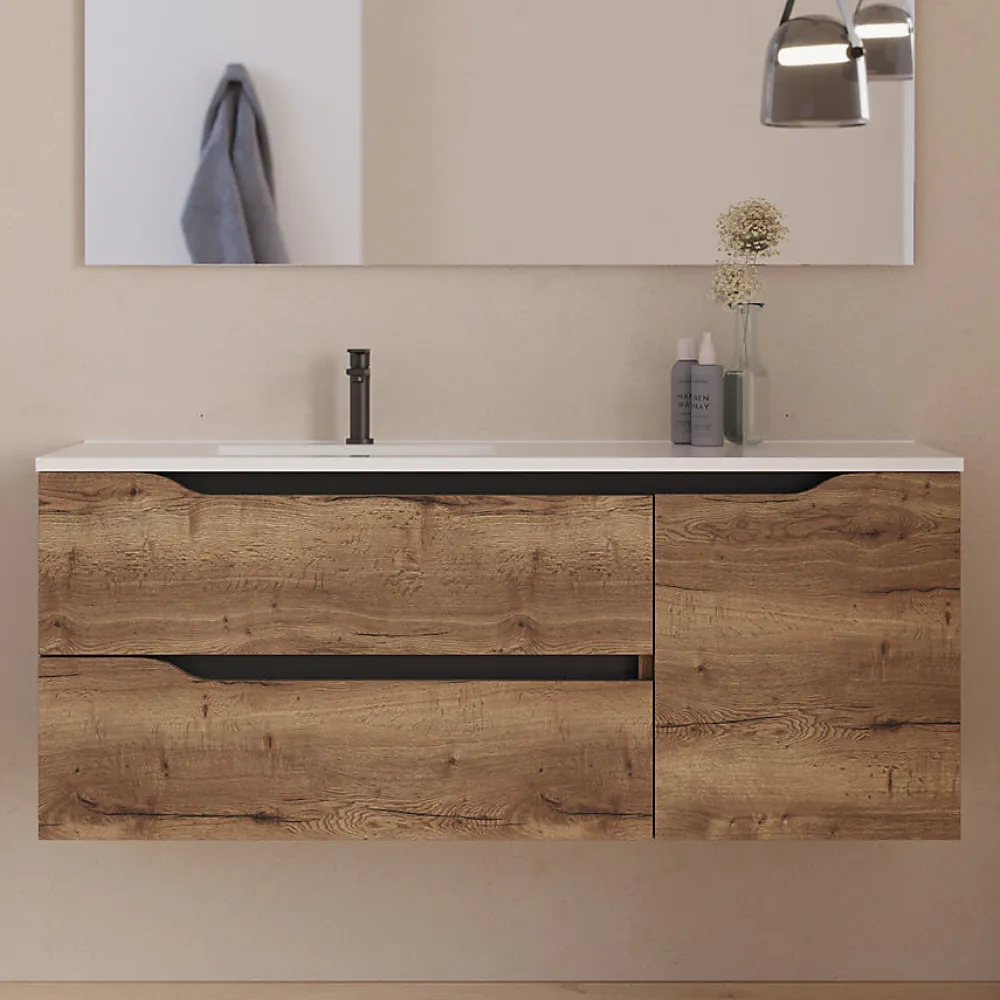 Meuble Sous Lavabo|Cosyneo Meuble sous vasque seul, 2 tiroirs et 1 porte, 120cm, vasque déportée gauche - tabaco (bois foncé) - ZARZA