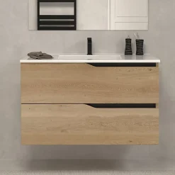 Meuble Sous Lavabo|Cosyneo Meuble sous vasque seul, 2 tiroirs, 80cm, simple vasque - madera miel (chêne clair) - LUNA