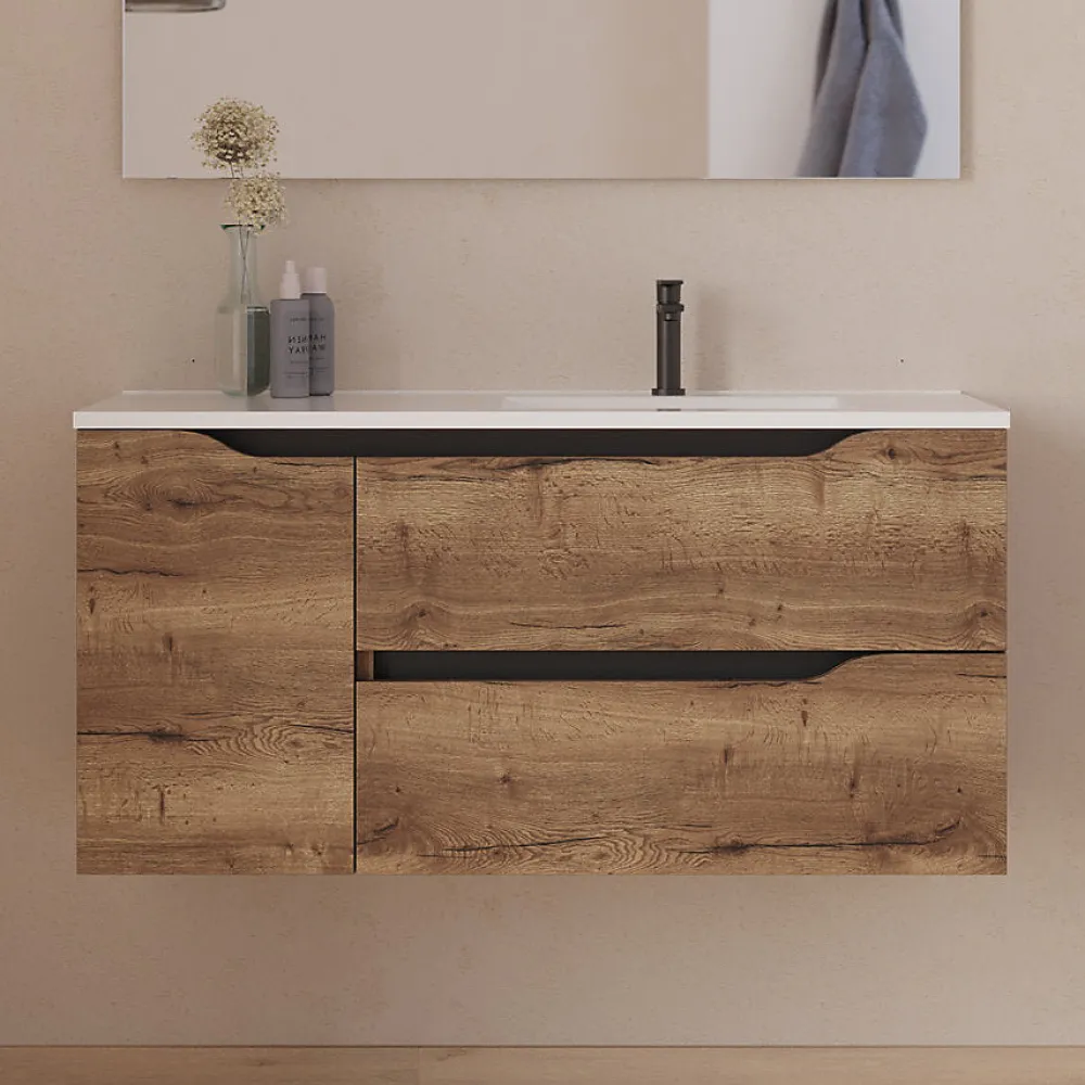 Cosyneo Meuble sous vasque seul, 2 tiroirs et 1 porte, 100cm, vasque déportée droite - tabaco (bois foncé) - ZARZA