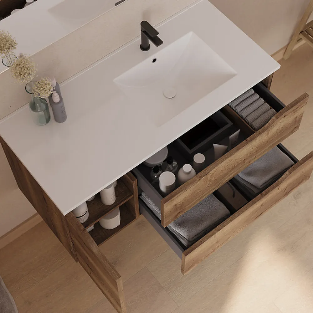 Cosyneo Meuble sous vasque seul, 2 tiroirs et 1 porte, 100cm, vasque déportée droite - tabaco (bois foncé) - ZARZA
