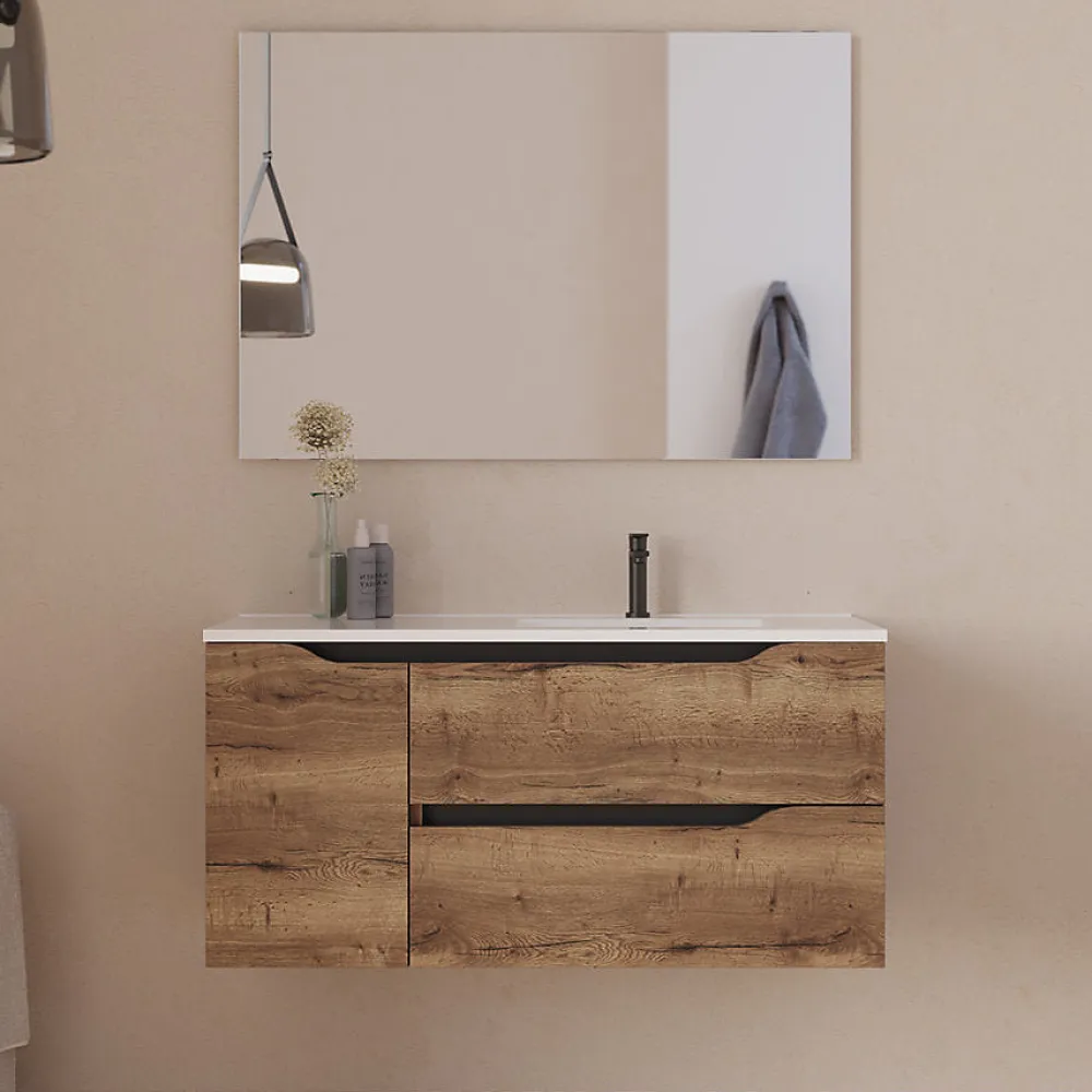 Cosyneo Meuble sous vasque seul, 2 tiroirs et 1 porte, 100cm, vasque déportée droite - tabaco (bois foncé) - ZARZA