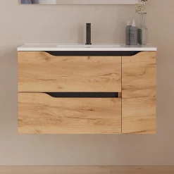 Cosyneo Meuble sous vasque seul, 2 tiroirs et 1 porte, 80cm, vasque centrée - roble (bois clair) - ZARZA