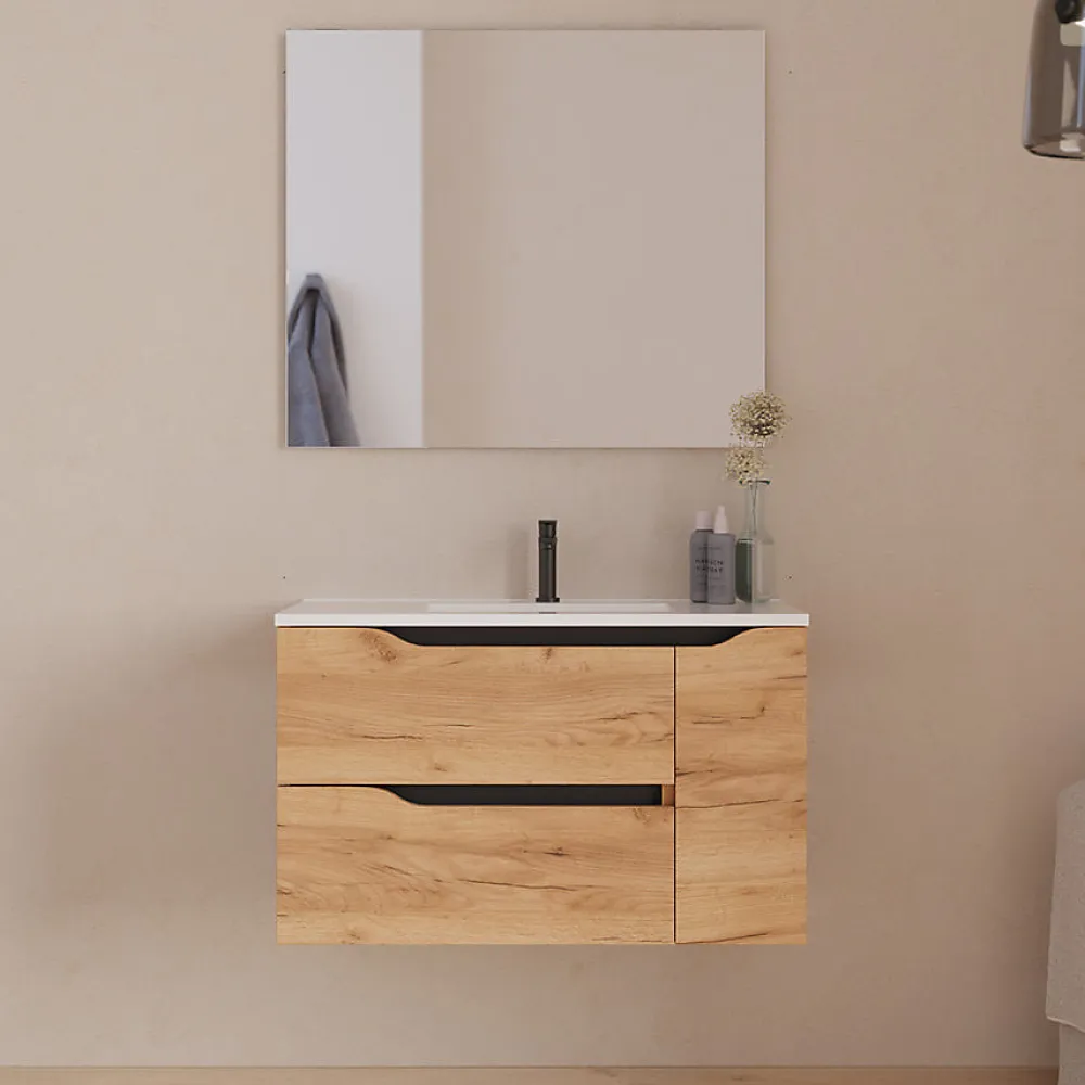 Cosyneo Meuble sous vasque seul, 2 tiroirs et 1 porte, 80cm, vasque centrée - roble (bois clair) - ZARZA