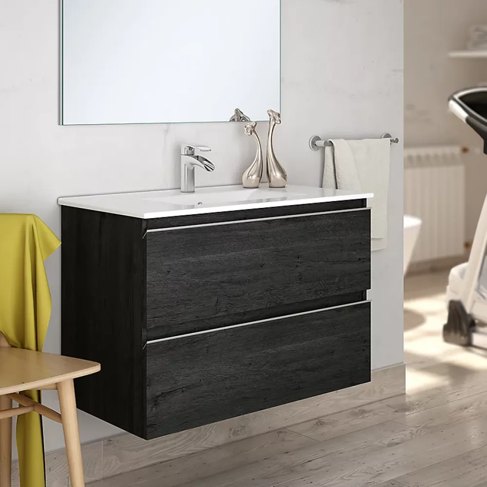 Meuble Sous Lavabo|Cosyneo Meuble sous vasque seul, 2 tiroirs, 80cm, simple vasque - ebony (bois noir) - BALEA