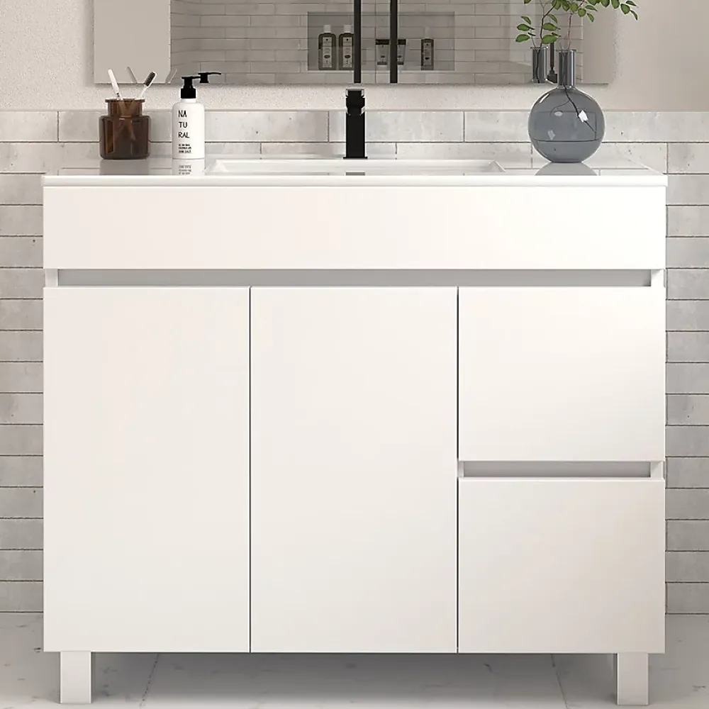 Cosyneo Meuble sous vasque seul, 2 tiroirs et 2 portes, 100cm, simple vasque - blanc brillant - HARO