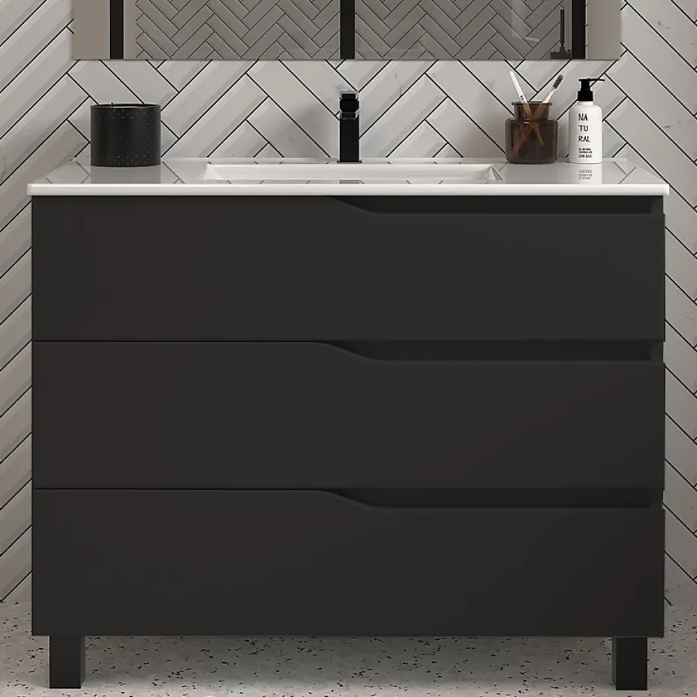 Meuble Sous Lavabo|Cosyneo Meuble sous vasque seul, 3 tiroirs, 100cm, simple vasque - noir - MATA