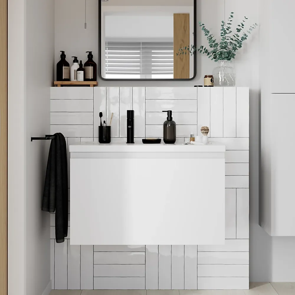 GoodHome Meuble sous vasque suspendu blanc mat 2 tiroirs l.80 x H.48 x P.45 cm Levanna