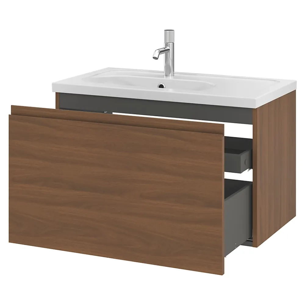 Meuble Sous-Vasque|GoodHome Meuble sous vasque suspendu effet noyer 2 tiroirs l.80 x H.48 x P.45 cm Levanna