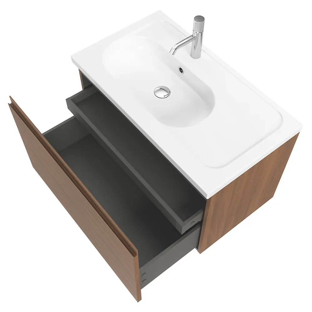 Meuble Sous-Vasque|GoodHome Meuble sous vasque suspendu effet noyer 2 tiroirs l.80 x H.48 x P.45 cm Levanna