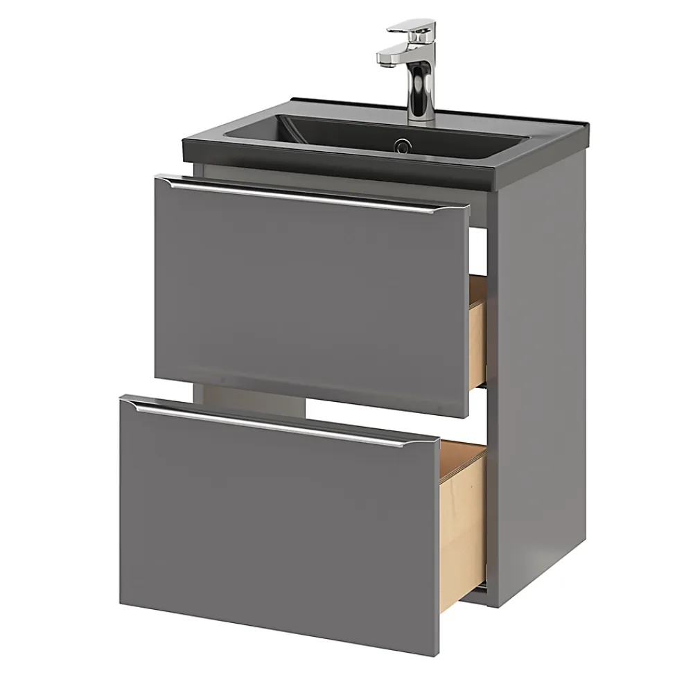 Meuble Buanderie|Meuble Sous-Vasque|GoodHome Meuble sous vasque suspendu faible profondeur gris brillant l.50 x H.60 x P.36 cm, Imandra